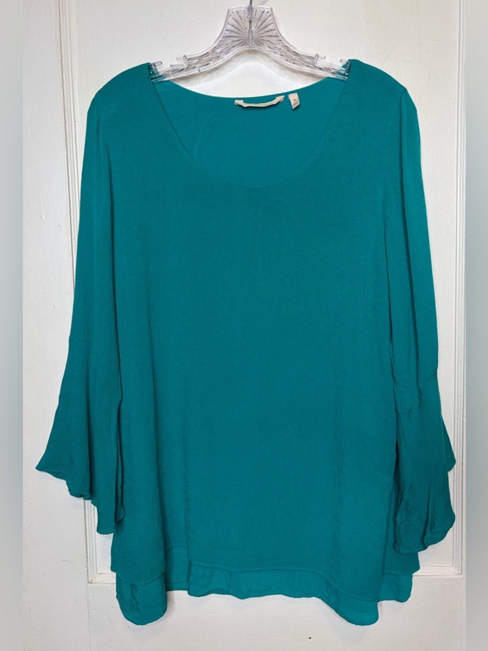 Soft Surroundings Teal Crepe Tunic Top Layered Hem Bell Sleeve Sz Petite Large